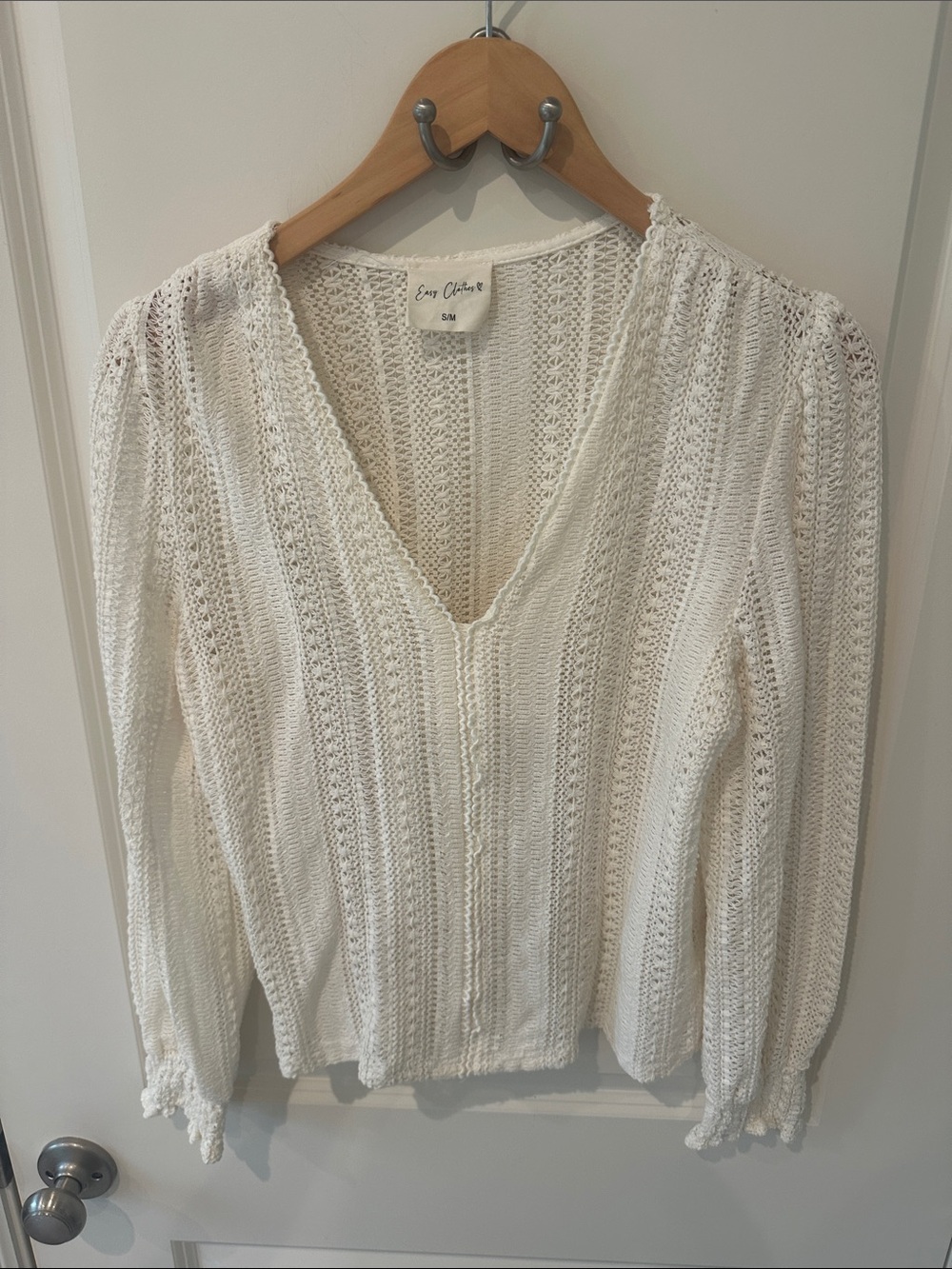 Easy Crochet V-Neck Long Sleeve Top in Ecru by Easy Clothing